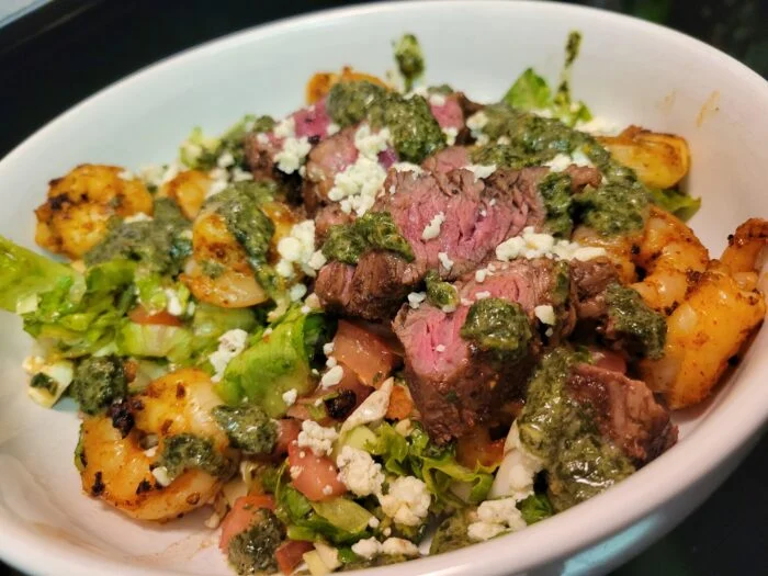 Shrimp & Steak Salad with Schug Sauce from Green Chef, photographed by u/cera84.