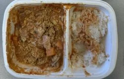 Reader photo of CookUnity Ghanaian chicken peanut stew with sweet potatoes beside rice in its delivery tray