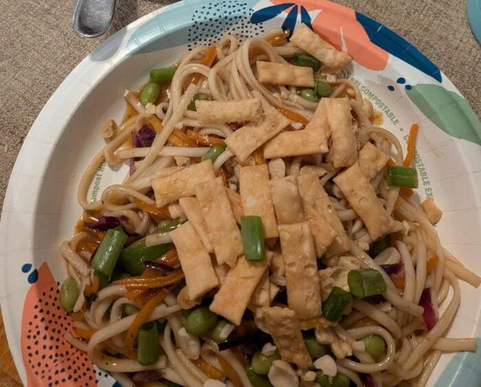 HelloFresh lo mein noodles with edamame, carrots, cabbage and crispy wonton strips