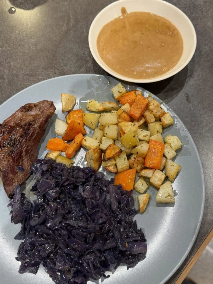 Reader-prepared HelloFresh seared steak with blue cheese sauce, potatoes, carrots and red cabbage
