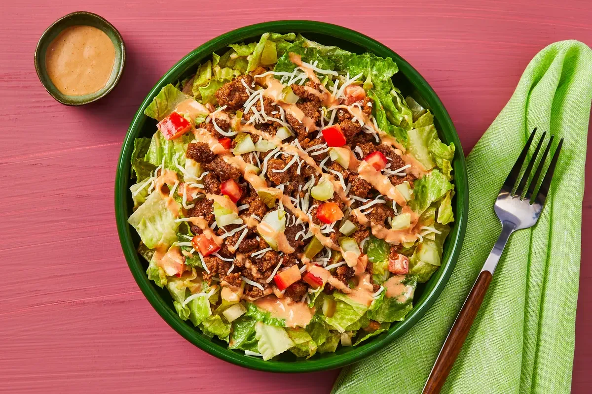 “Skip the Bun” Crunchy Turkey Cheeseburger Salad