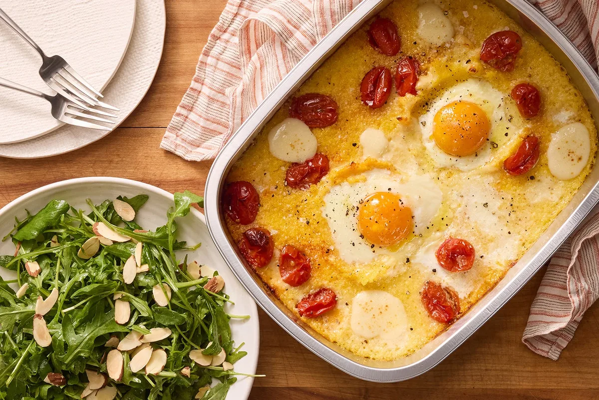 Tomato & Egg Polenta Bake