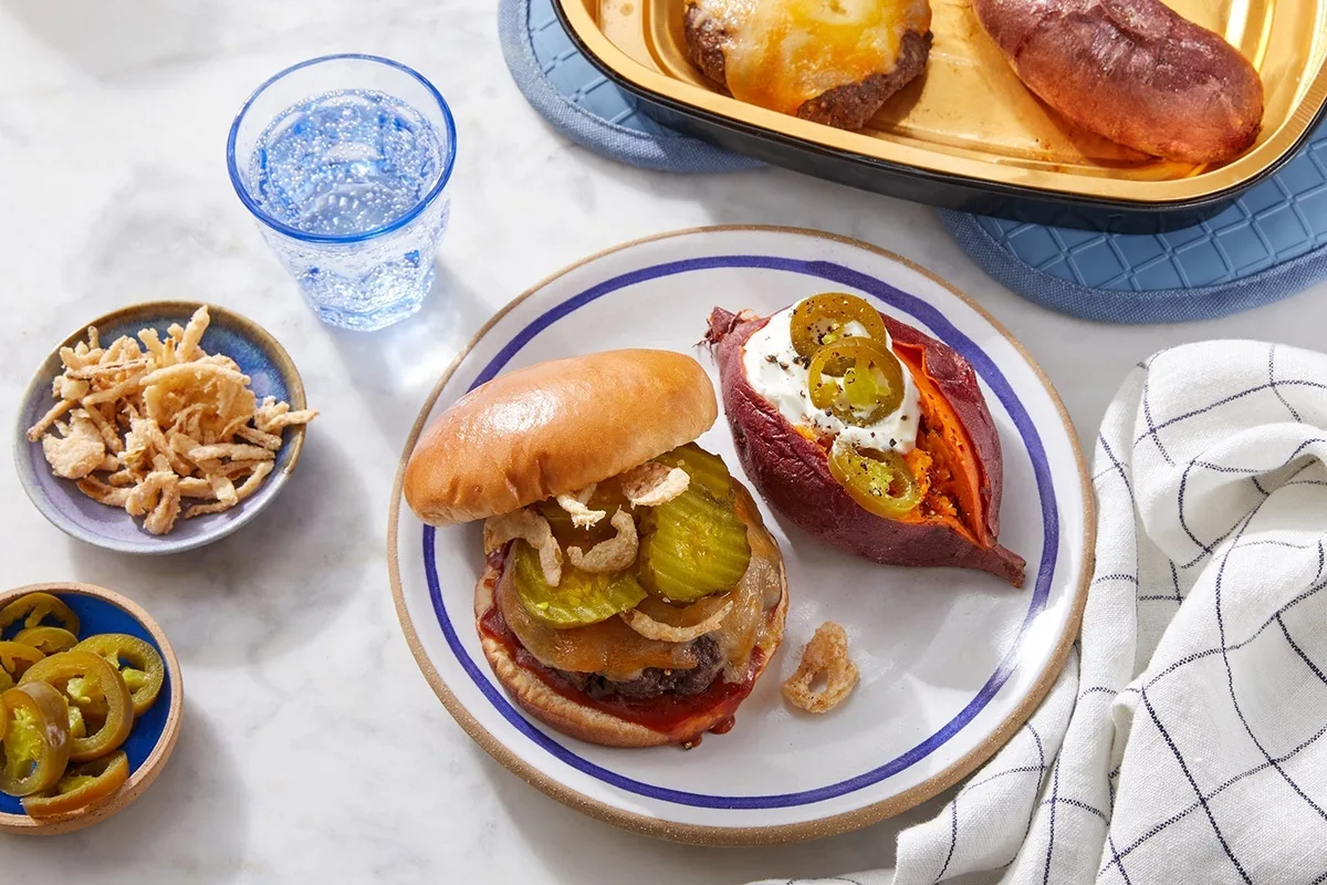 Blue Apron menu photo of Oven Baked BBQ Cheeseburgers