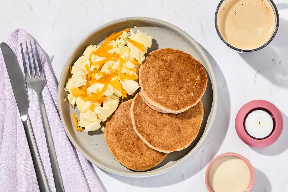 Cinnamon Roll Protein Pancakes & Cheddar Scramble