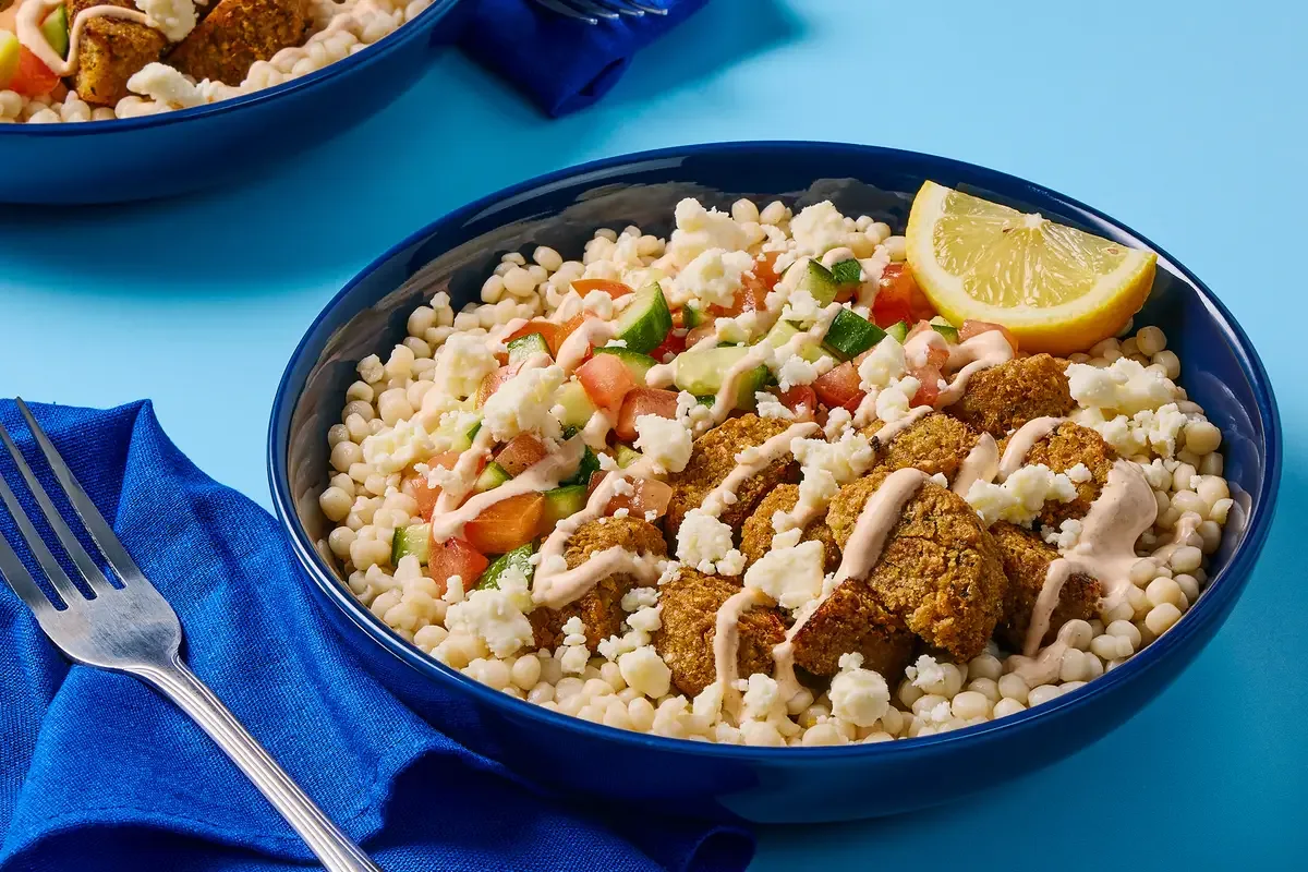 Crispy Falafel, Beef & Feta Couscous Bowls