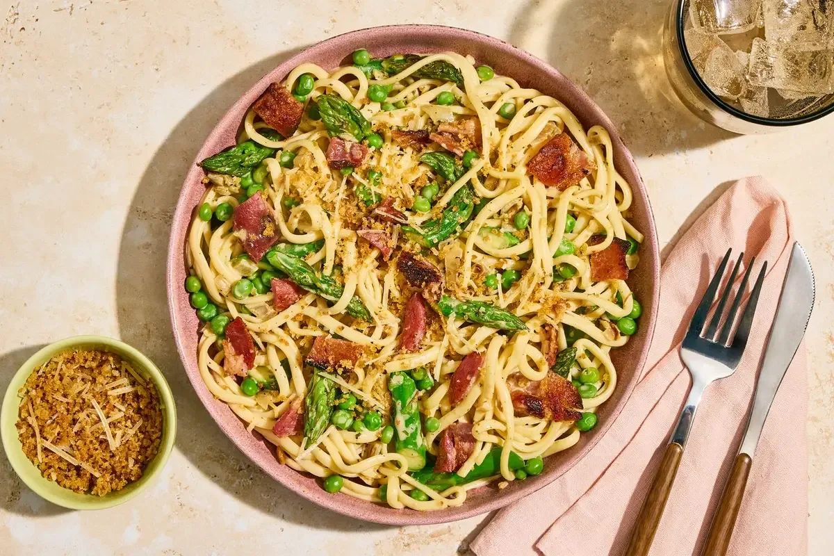 Spaghetti Primavera with Bacon & Shrimp