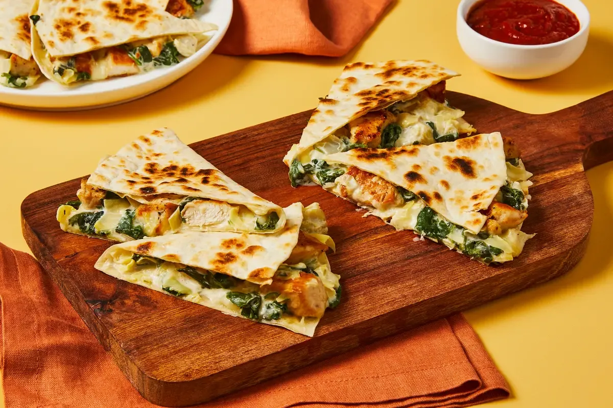 One Pan Spinach & Artichoke Chicken Quesadillas