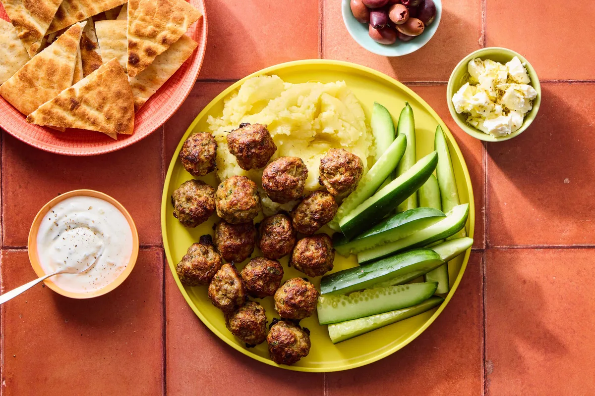 Mezze Platter Lamb Meatballs Skordalia With Tzatziki Feta Olives Pita