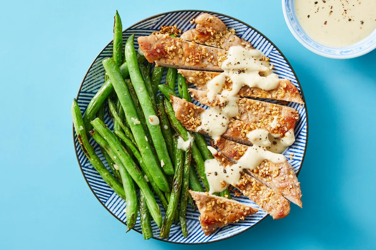 Low Carb Sesame Pork Tenderloin With Green Beans Creamy Miso Dressing