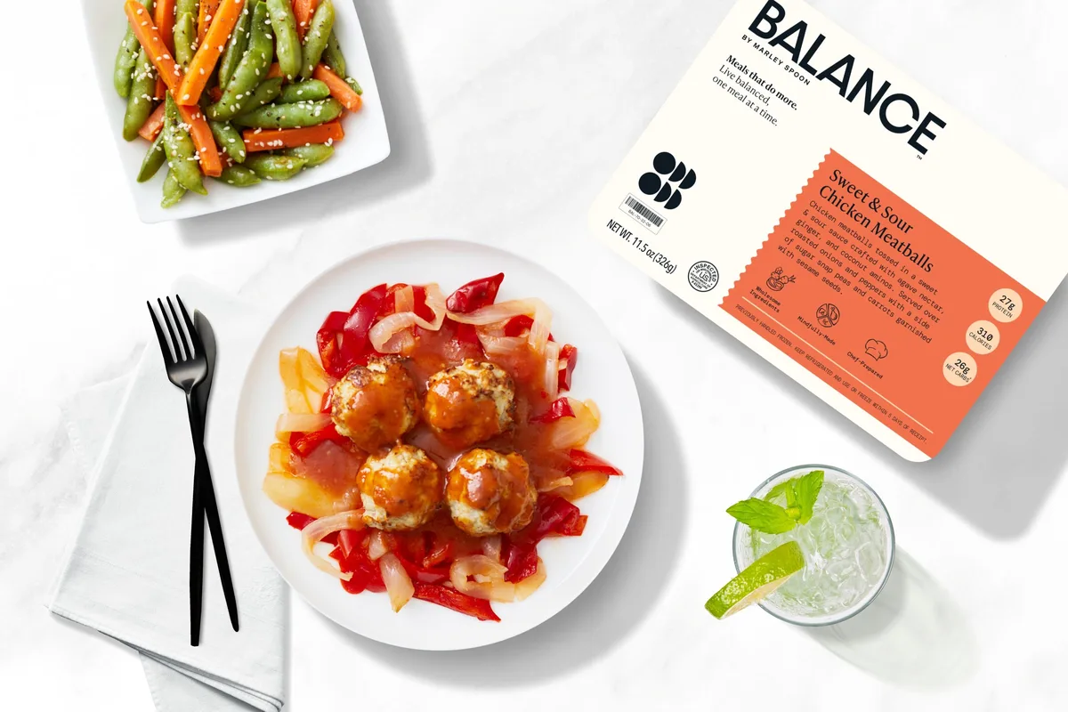 Sweet Sour Chicken Meatballs With Sugar Snap Peas Carrots Sesame Seeds