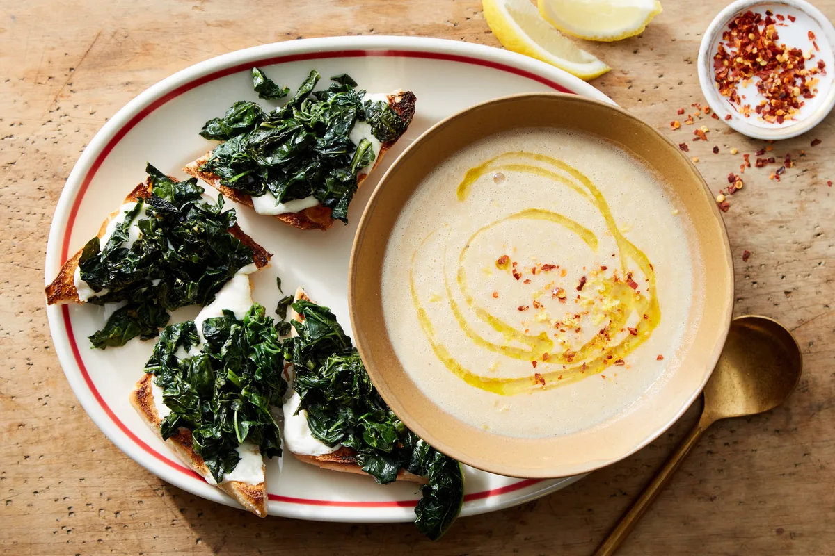 Creamy White Bean Soup Seared Chicken With Mozzarella Kale Toasts