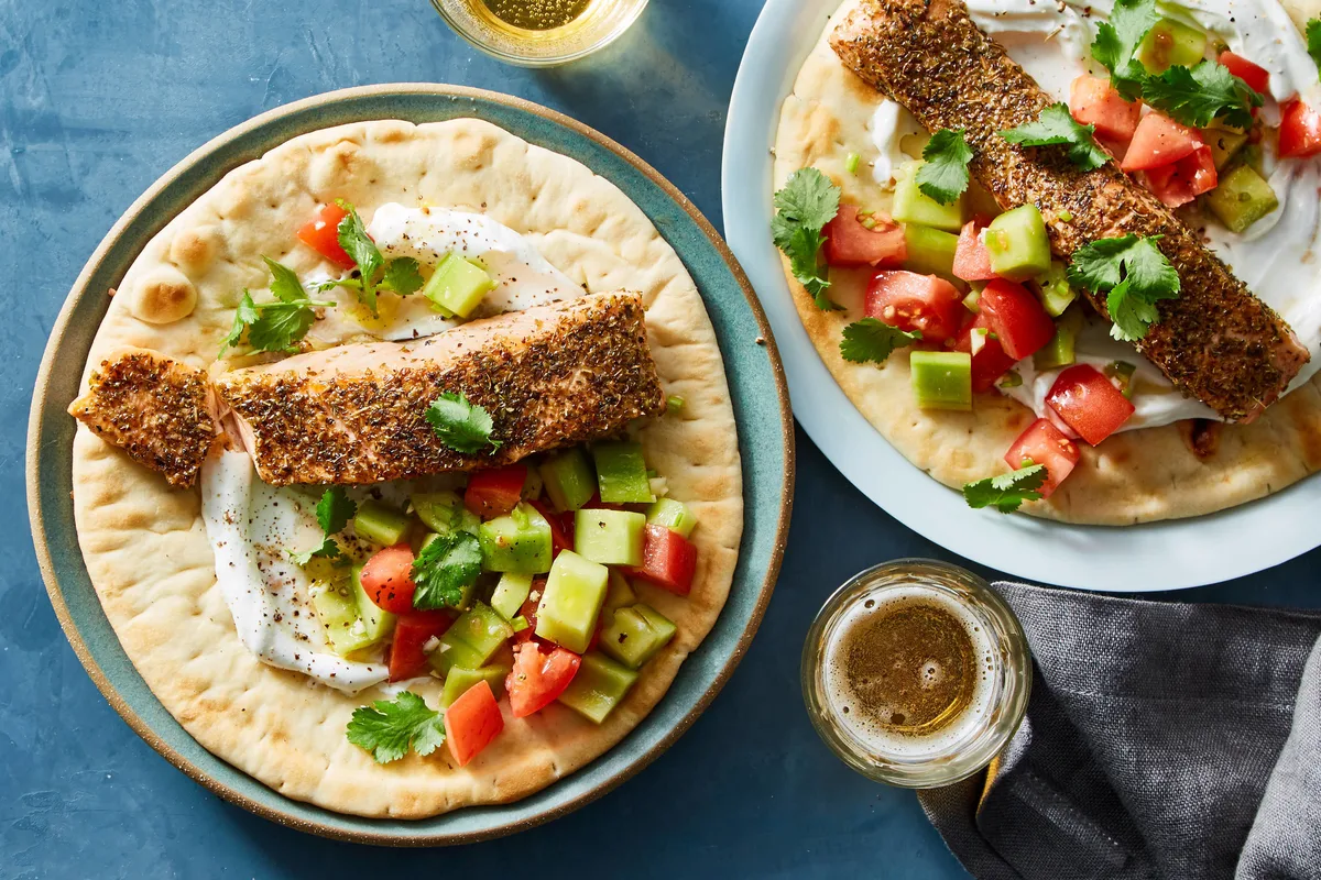 Greek Inspired Wild Salmon Gyro With Chopped Salad Pita Garlic Sauce