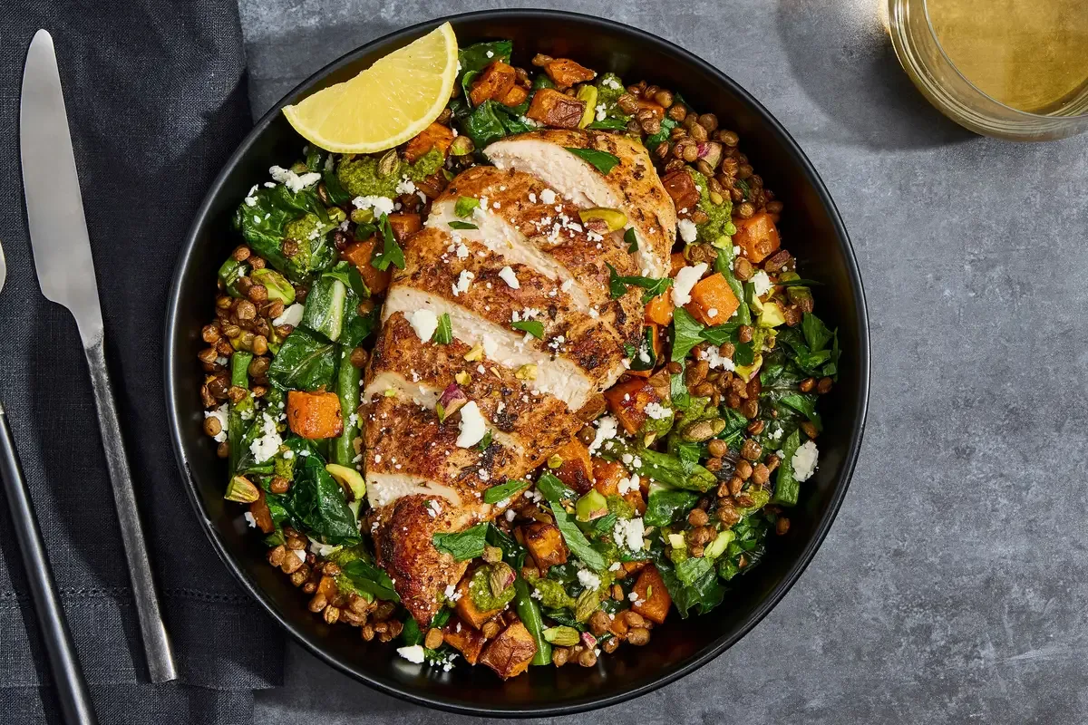 Chicken with Lentil & Roasted Veggie Salad