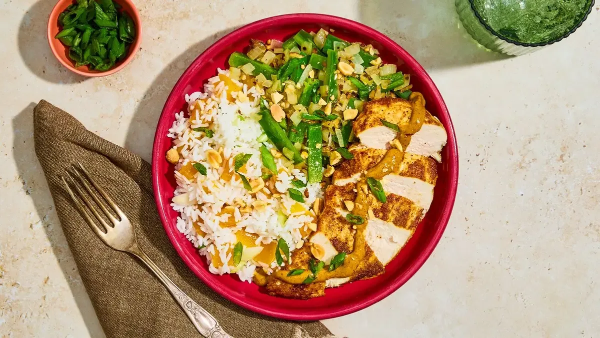 Sesame Soy Peanut Chicken & Mango Rice