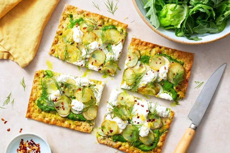Fast potato and ricotta flatbread with sweet pea pistou