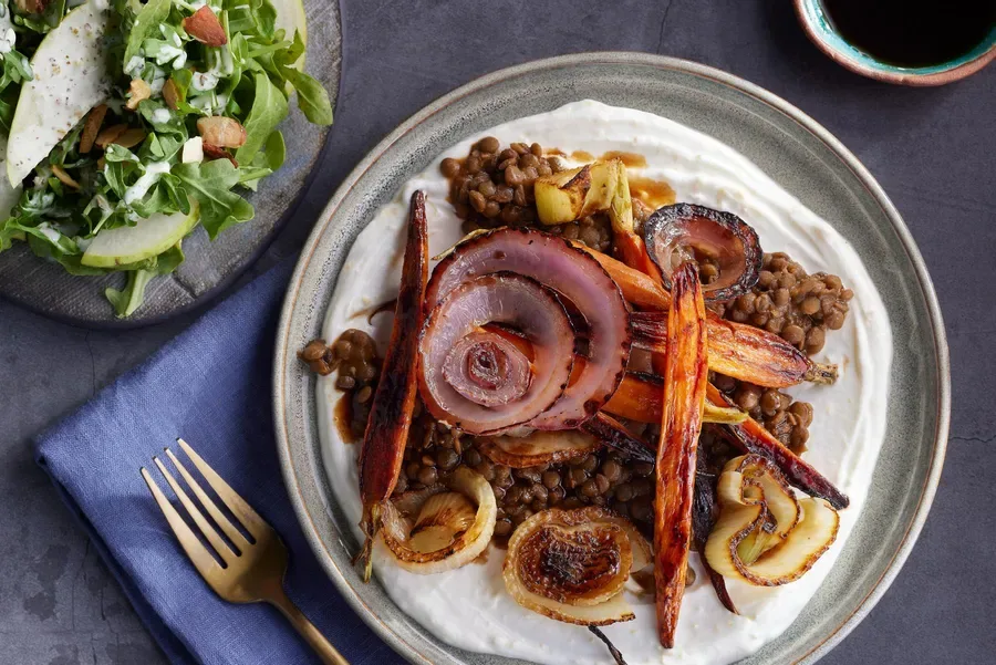 Roasted carrots and fennel with lentils, lemon yogurt, and tamarind chutney