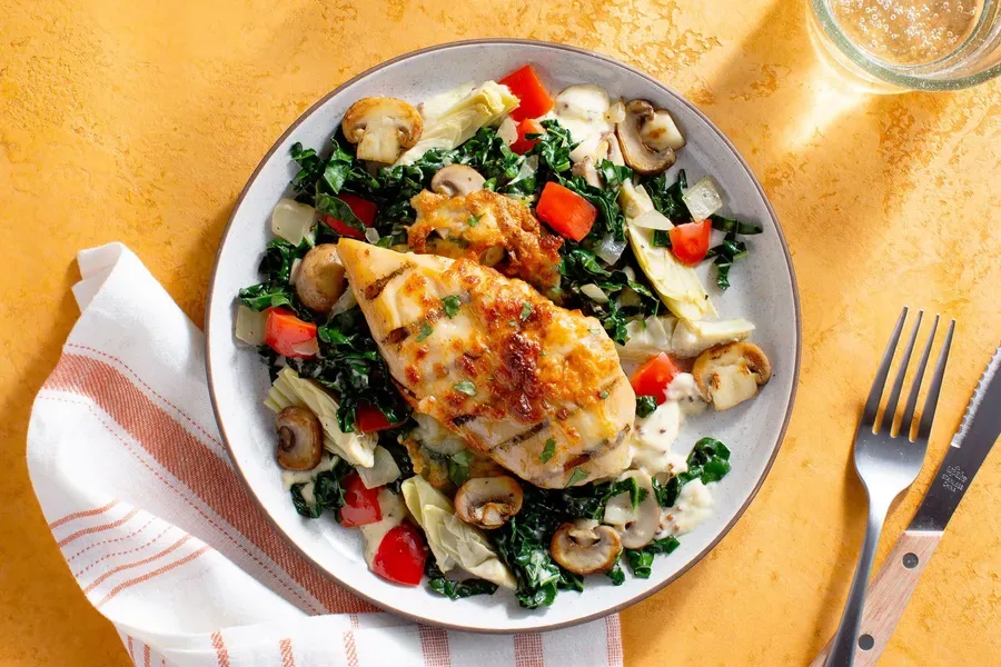 Sunbasket menu photo of Grilled chicken with Dijon cream sauce, artichokes, and mushrooms