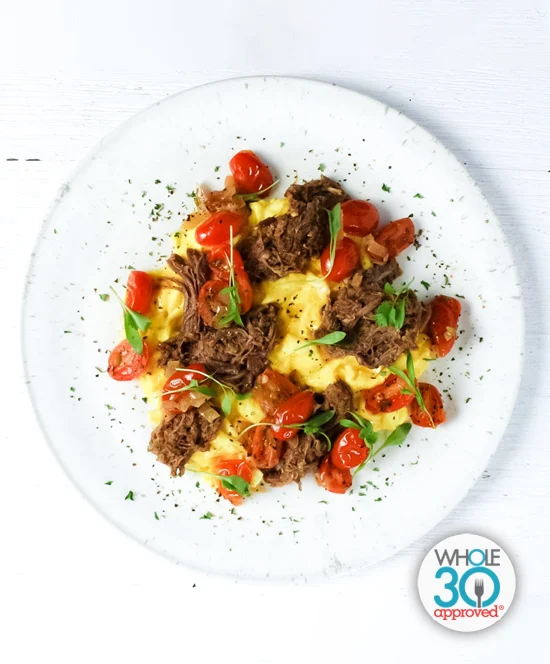 Beef Barbacoa and Scrambled Eggs with Roasted Pico De Gallo