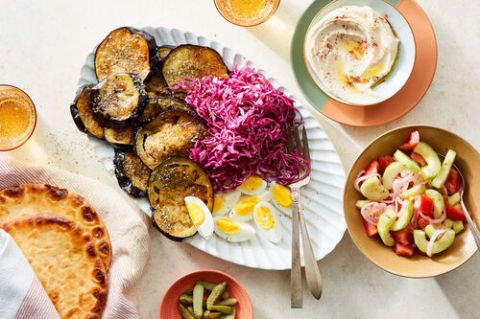 Vegetarian Sabich Platter With Fried Eggplant Hummus Chopped Salad