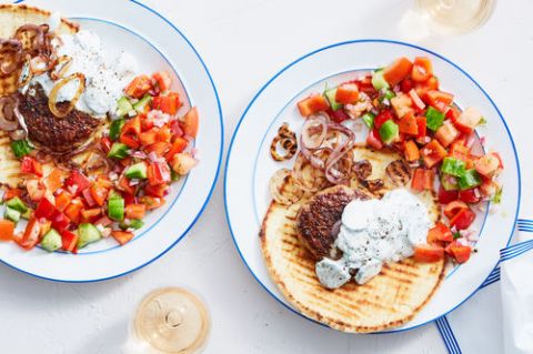 Turkey Souvlaki Burger With Chopped Salad Tzatziki Sauce