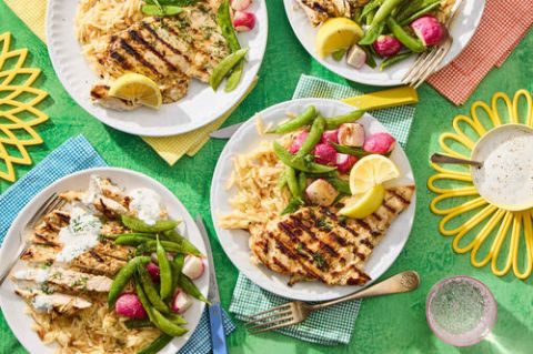 Springtime Grilled Chicken Parm Orzo With Roasted Veggies Creamy Dill Dressing