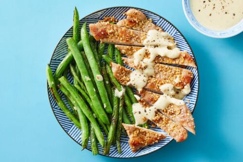 Low Carb Sesame Pork Tenderloin With Green Beans Creamy Miso Dressing