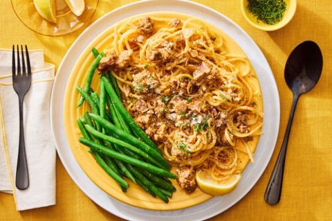 Chorizo Carbonara With Gluten Free Fettuccine Lemony Green Beans Parmesan