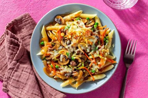 French onion beef penne with mushrooms, cabbage, and melted Gruy&egrave;re