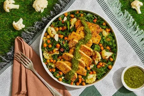 Pesto Tofu with Crispy Chickpea Salad