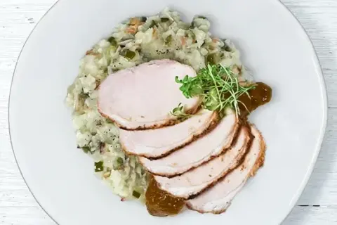 Pork Loin with Peach BBQ Sauce and Bacon Jalapeno Cauliflower Risotto