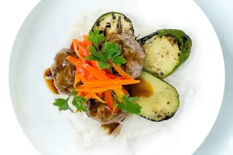 Miso Glazed Wild Boar Meatballs And Hibachi Zucchini & Rice Noodles