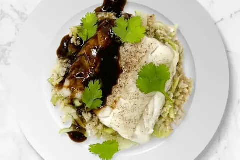 Green Tea Glazed Cold Water Cod And Green Curry Cauliflower Rice