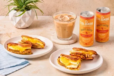 Pumpkin Spice Latte & Egg, Cheese and Sausage Waffle Sandwich