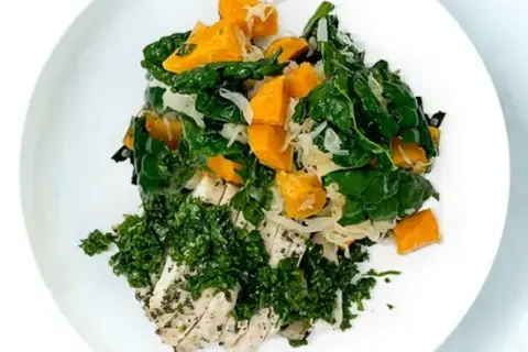 Sage And Garlic Chicken With Sweet Potato, Kale And Sauerkraut Hash