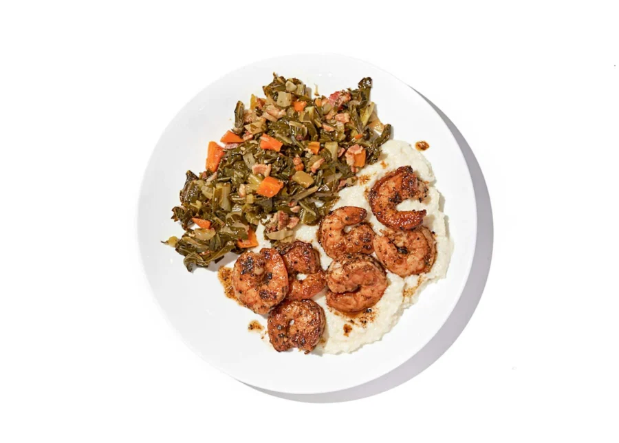 Shrimp with Grits and Collards