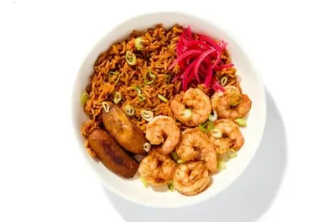 Spiced Shrimp & Jollof Rice with Plantains and Pickled Onions