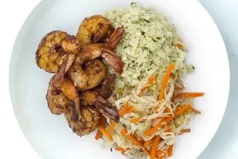 BBQ Shrimp With Cauliflower Rice and Caribbean Carrot Slaw