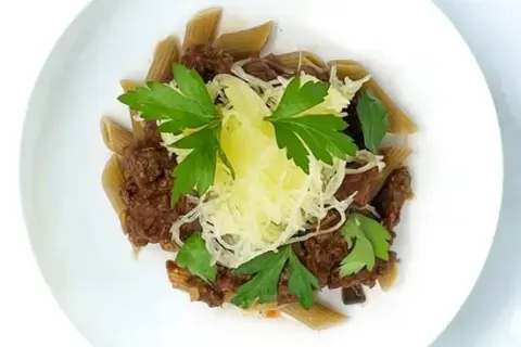 Venison Chili Colorado With Lentil Pasta And Spaghetti Squash