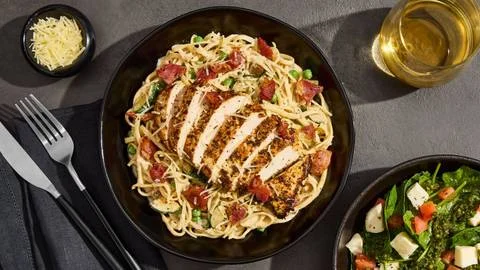 Herbed Chicken over Creamy Bacon Linguine