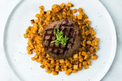 Beef Burger with Sweet Potato Hash