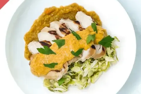 Cheesy Chicken With Vegetable Mash And Brussel Sprout Almond Slaw