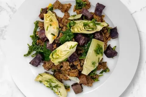 Beef Chorizo Picadillo Bowl with Spinach, Purple Potatoes and Artichokes