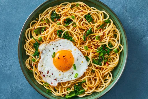 Garlic Chili Spaghetti with Salmon & Fried Eggs