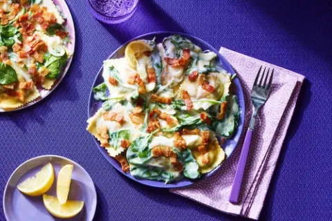 Fast! Lobster Ravioli Alfredo with Bacon