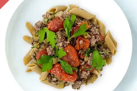 Grecian Beef Crumble with Penne Pasta and Roasted Tomatoes