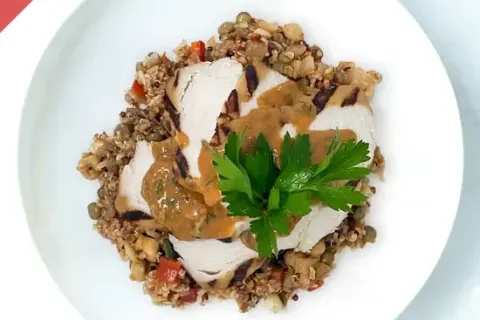 Grilled Chicken Breast Multi Grain Paella Bowl With Smoked Onion And Broccoli