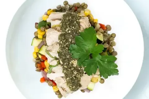 Lemon Basil Chicken With Corn & Lentil Fricassee