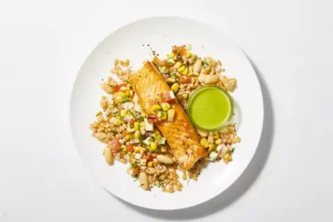 Spicy Seared Salmon over Farro & White Bean Salad