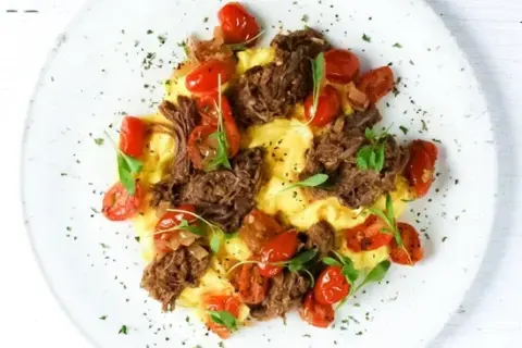 Beef Barbacoa and Scrambled Eggs with Roasted Pico De Gallo