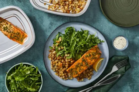 Prep & Bake Pesto-Crusted Salmon with Potatoes